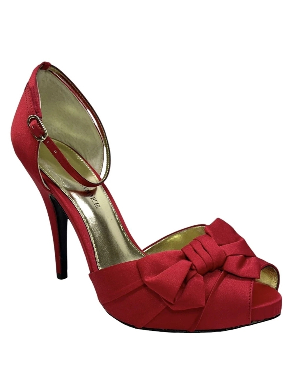 Audrey Brooke Red Satin Peep Toe Heels